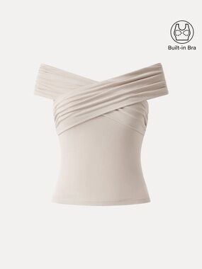 NWT OGL Eco-SkinKiss® Criss Cross Off Shoulder New Airy Bra Top in cream color